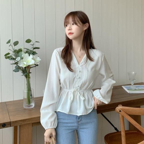 Shintimes V-Neck White Blouse Sashes Casual Woman Clothes