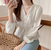 Shintimes V-Neck White Blouse Sashes Casual Woman Clothes