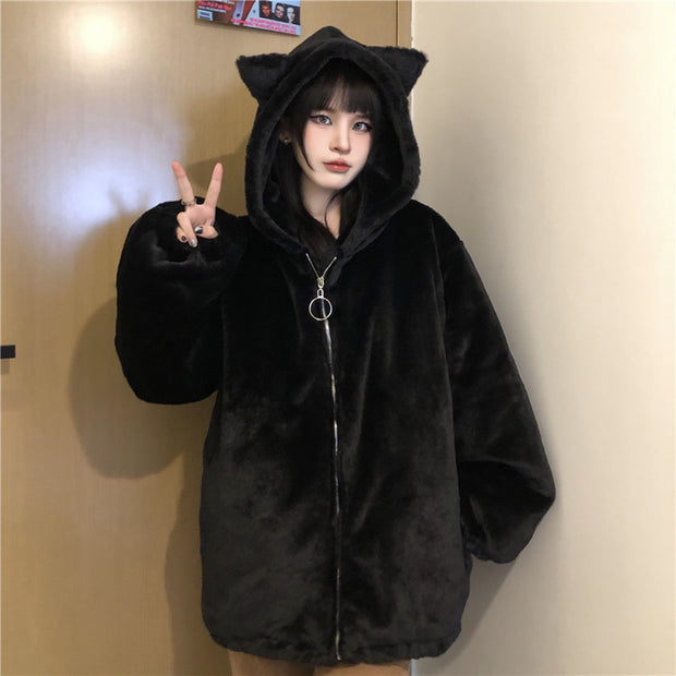 Thickened Ears Furry Coat Cotton Clothes Women's Clothes