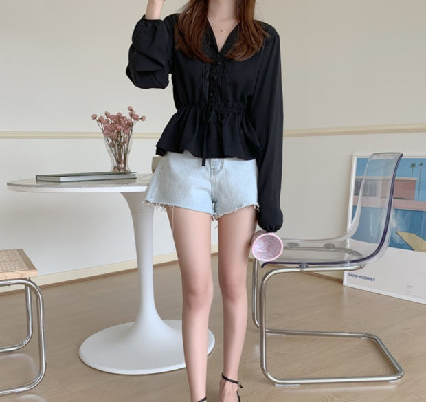 Shintimes V-Neck White Blouse Sashes Casual Woman Clothes